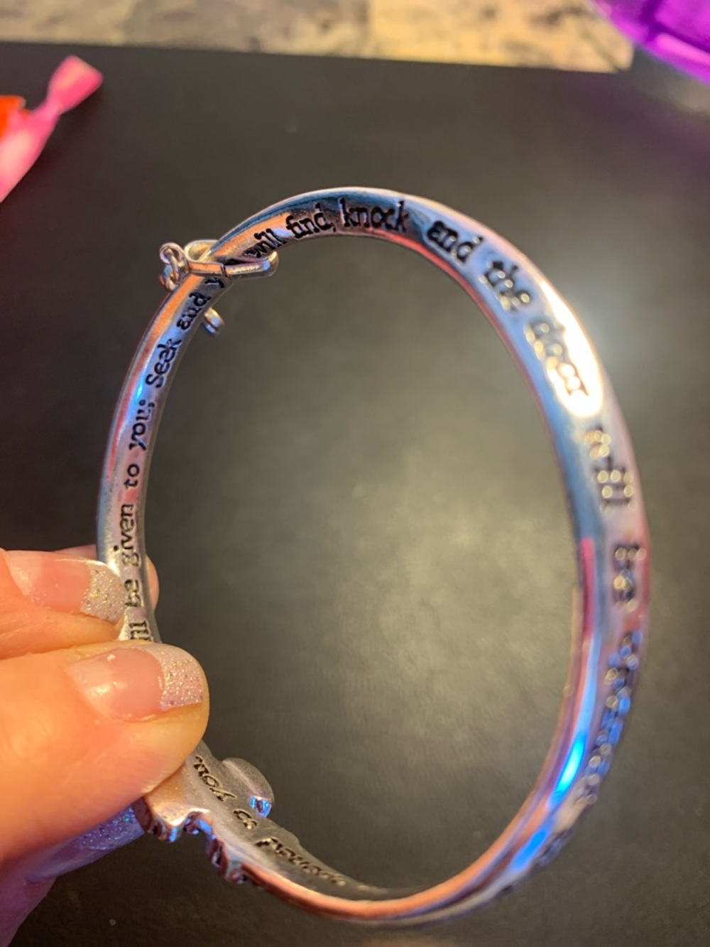 Sterling Silver Cross Charm Bangle Bracelet - Inspirational Matthew 7:7-8 - Picture 3 of 4